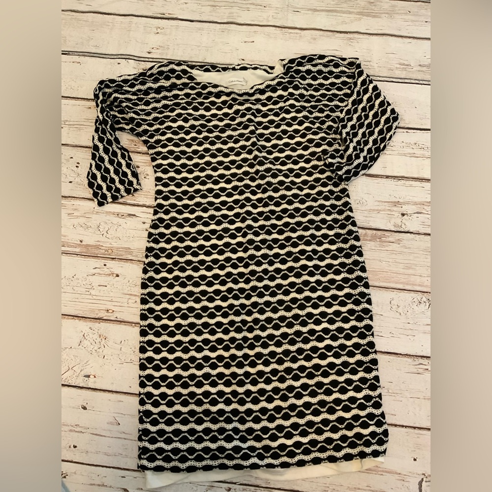 Calvin Klein Black White Eyelet Dress 8 - Coquette Romantic‎ 3/4 Sleeve Fitted